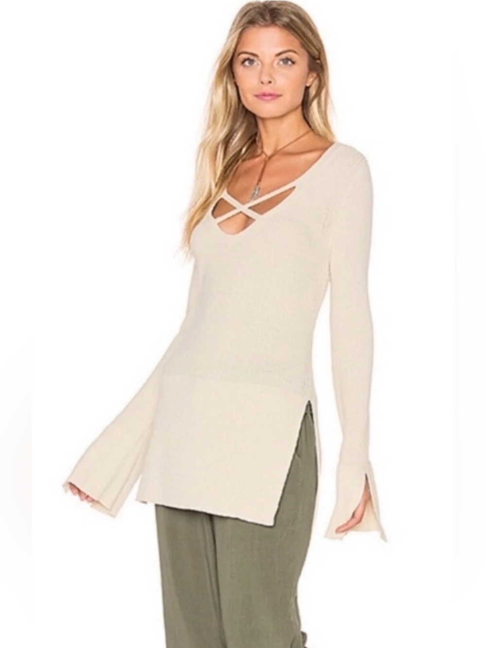Free People Criss Cross Tunic Sweater Beige Medium Boho